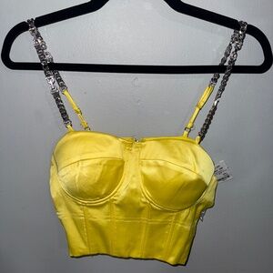 Brand New AKIRA Yellow Satin Bustier Top W/ Rhinestone Chain Straps